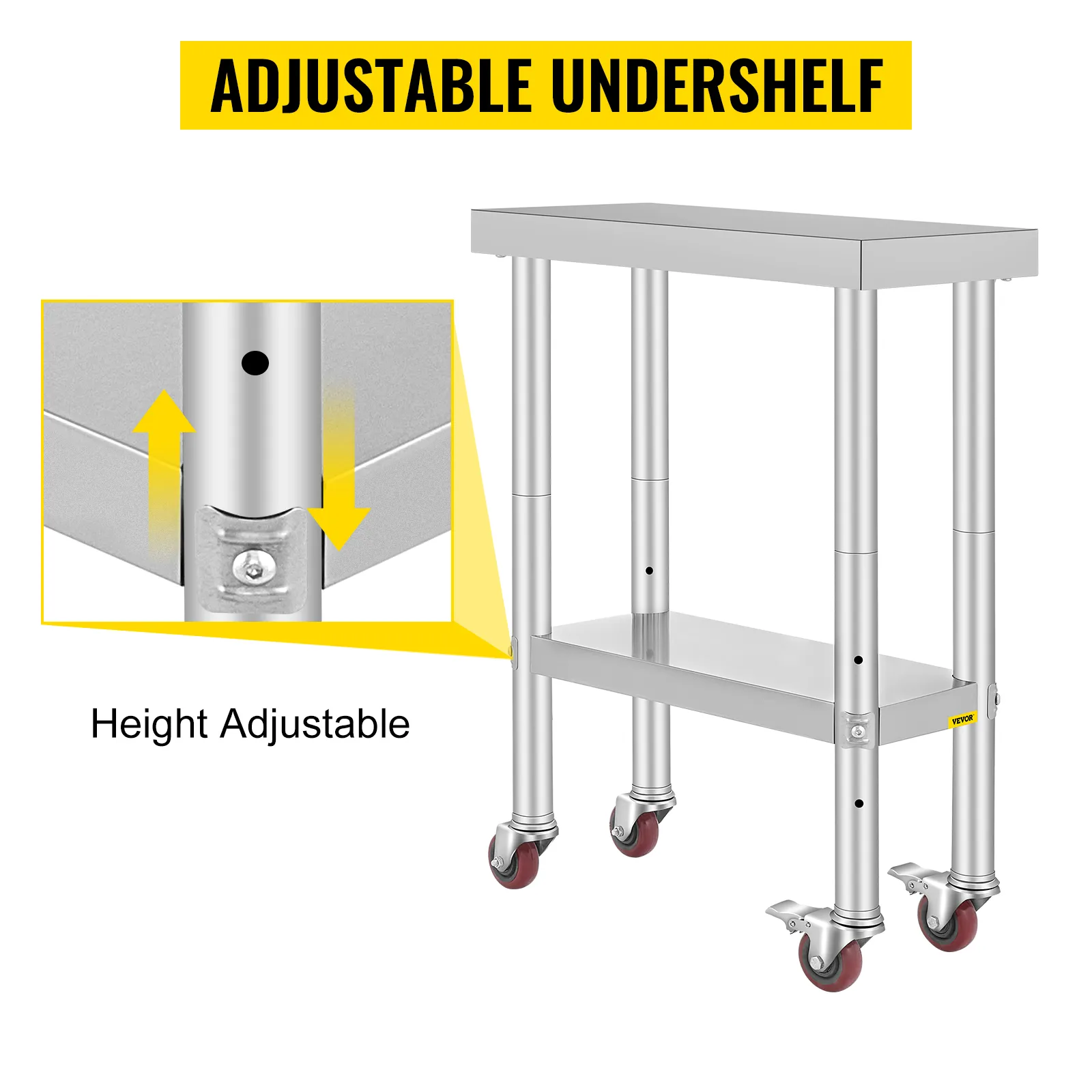 VEVOR stainless steel work table with adjustable undershelf and caster wheels.