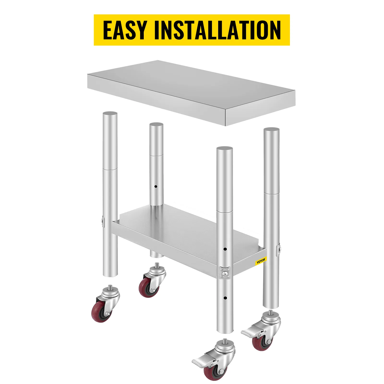 VEVOR stainless steel work table assembly with easy installation and caster wheels.