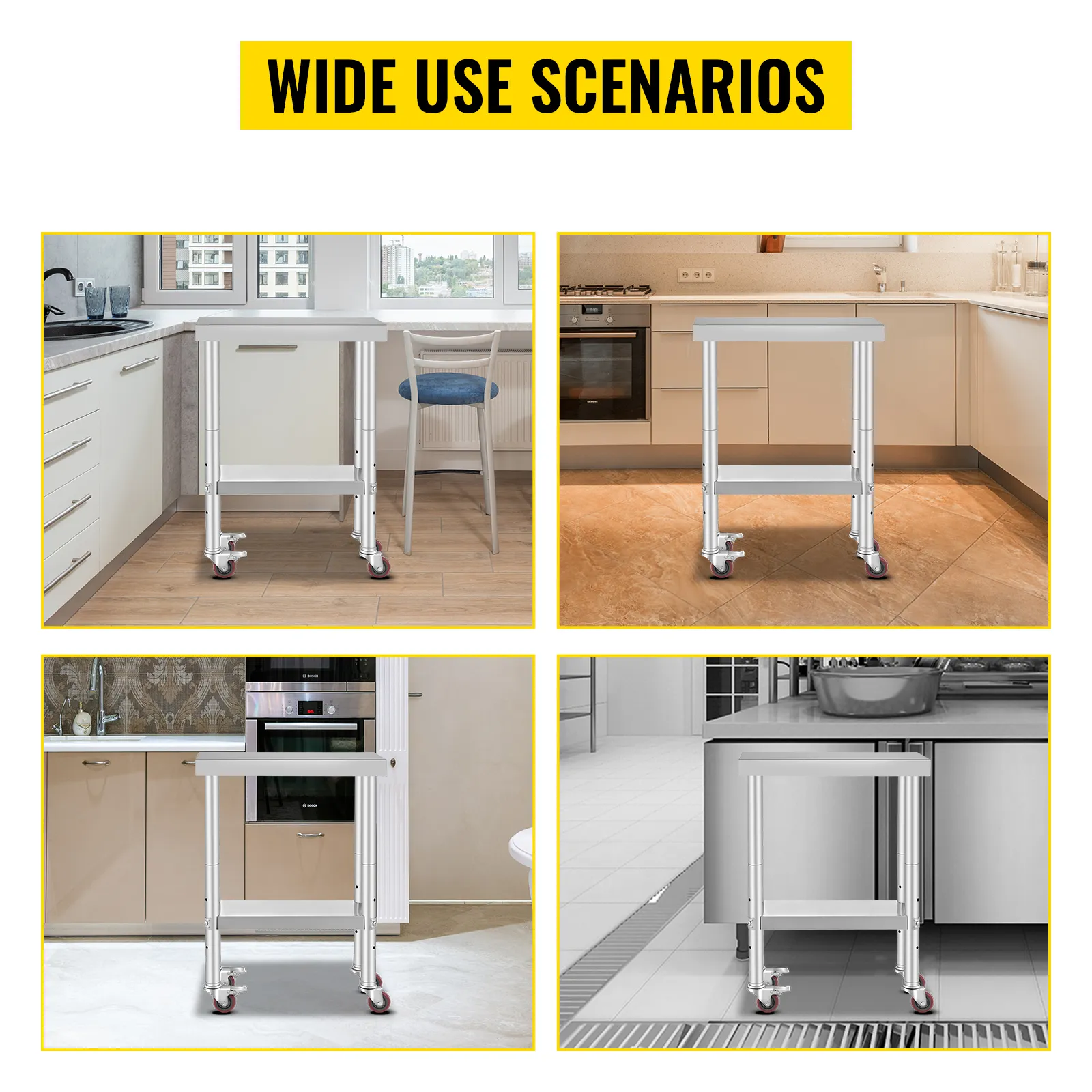 VEVOR stainless steel work table in various kitchen settings, highlighting versatility.