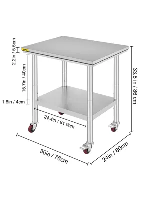 VEVOR stainless steel work table with shelf and caster wheels, dimensions labeled.