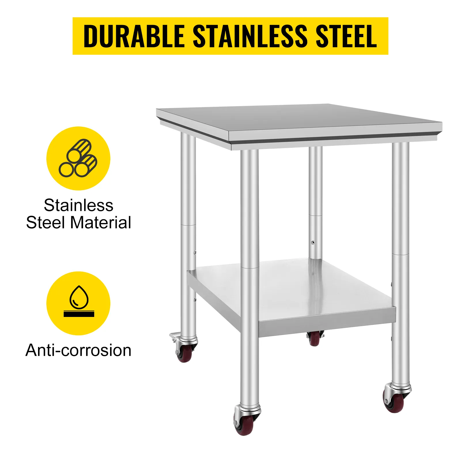 VEVOR stainless steel work table with wheels, anti-corrosion, durable construction.