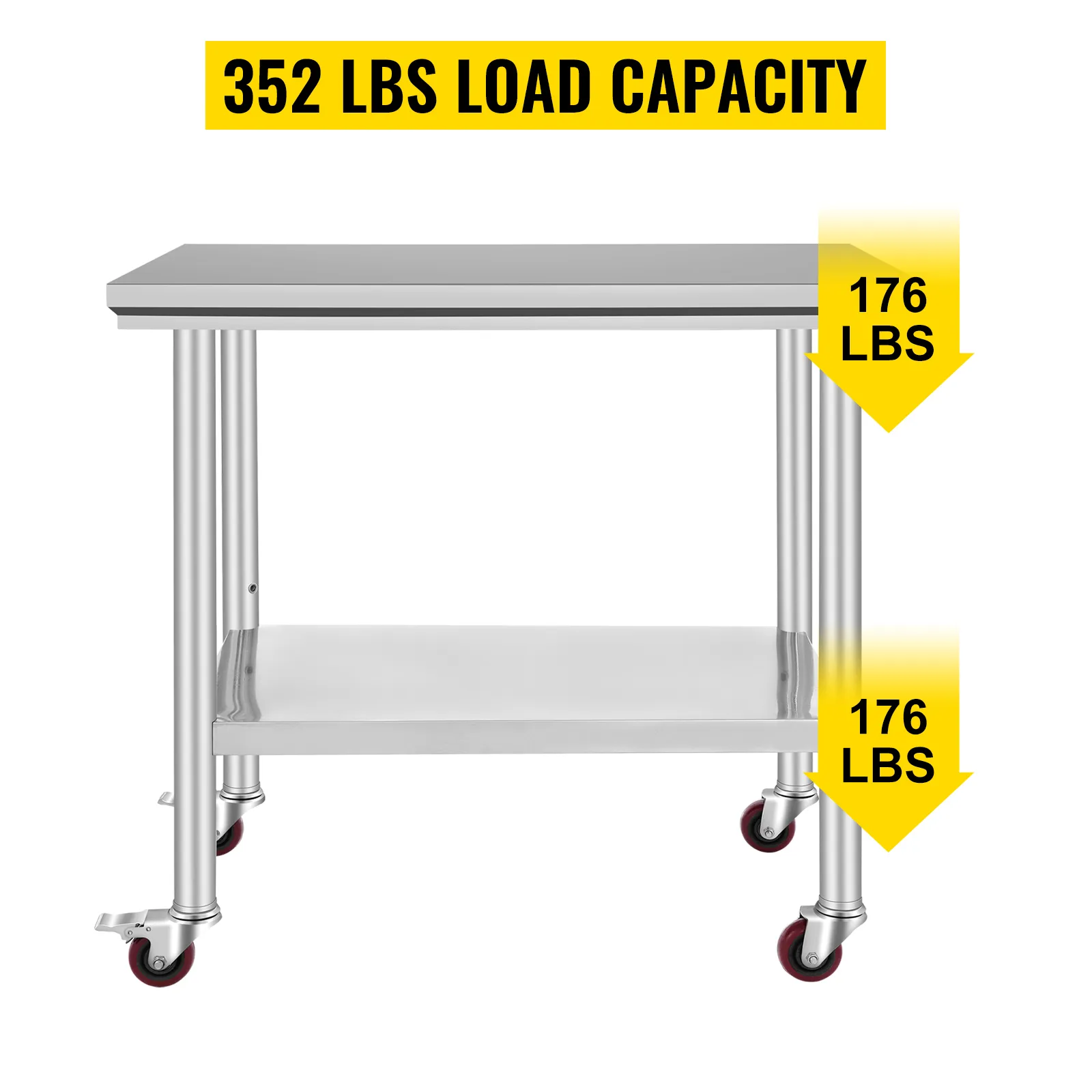 VEVOR-Arbeitstisch aus Edelstahl mit einer Gesamttragfähigkeit von 169 kg und zwei Lagerregalen.