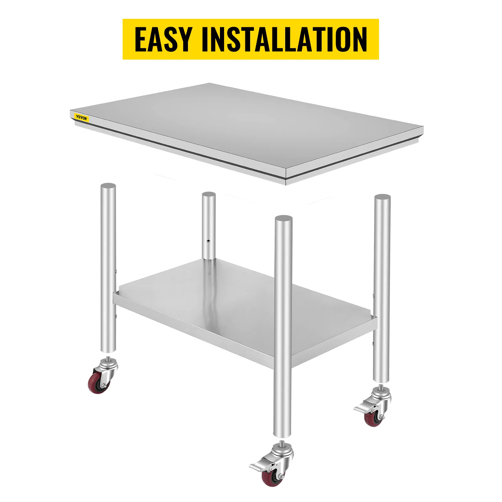 VEVOR-Arbeitstisch aus Edelstahl mit Rollen und einfacher Installation.