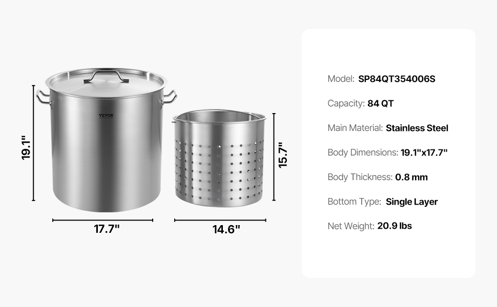 VEVOR Heavy Duty Stainless Steel Stock Pot – 84 QT, 79.5 L