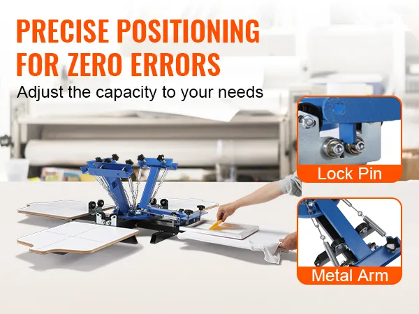 VEVOR screen printing machine with precise positioning, lock pin, and metal arm for fixing.