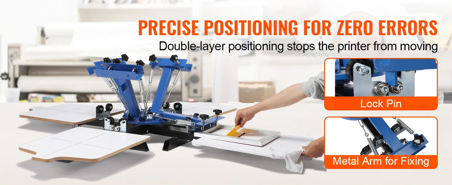 VEVOR screen printing machine with precise positioning, lock pin, and metal arm for fixing.