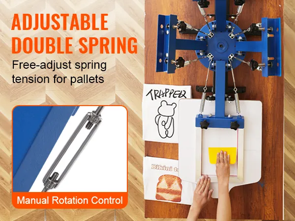 adjustable double spring VEVOR screen printing machine with manual rotation control and t-shirt designs.