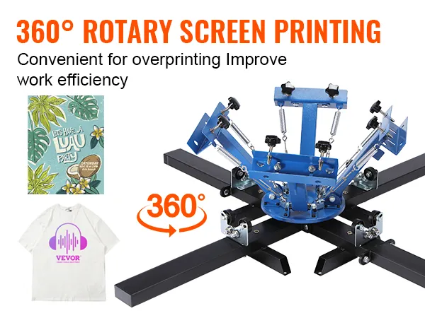 VEVOR screen printing machine with 360-degree rotary design, showcasing printed shirt and poster.