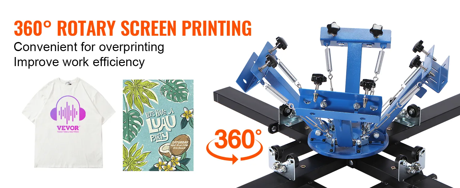 VEVOR screen printing machine with 360-degree rotary design, showcasing printed shirt and poster.