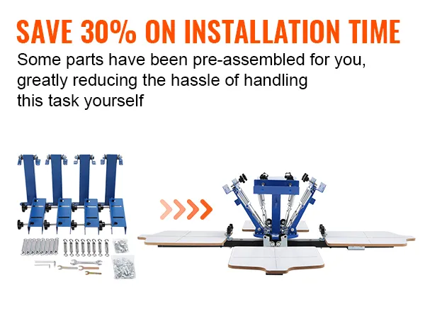save 30% on installation time with the VEVOR screen printing machine, featuring pre-assembled parts.