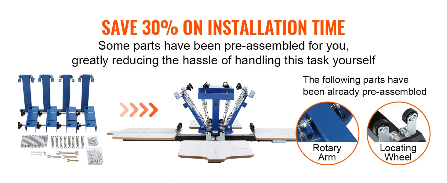 save 30% on installation time with the VEVOR screen printing machine, featuring pre-assembled parts.