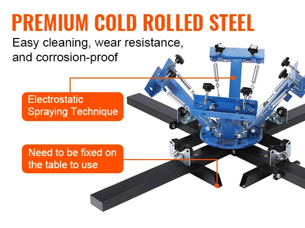 VEVOR screen printing machine featuring high-quality cold-rolled steel body, electrostatic spraying, and easy table fixation.