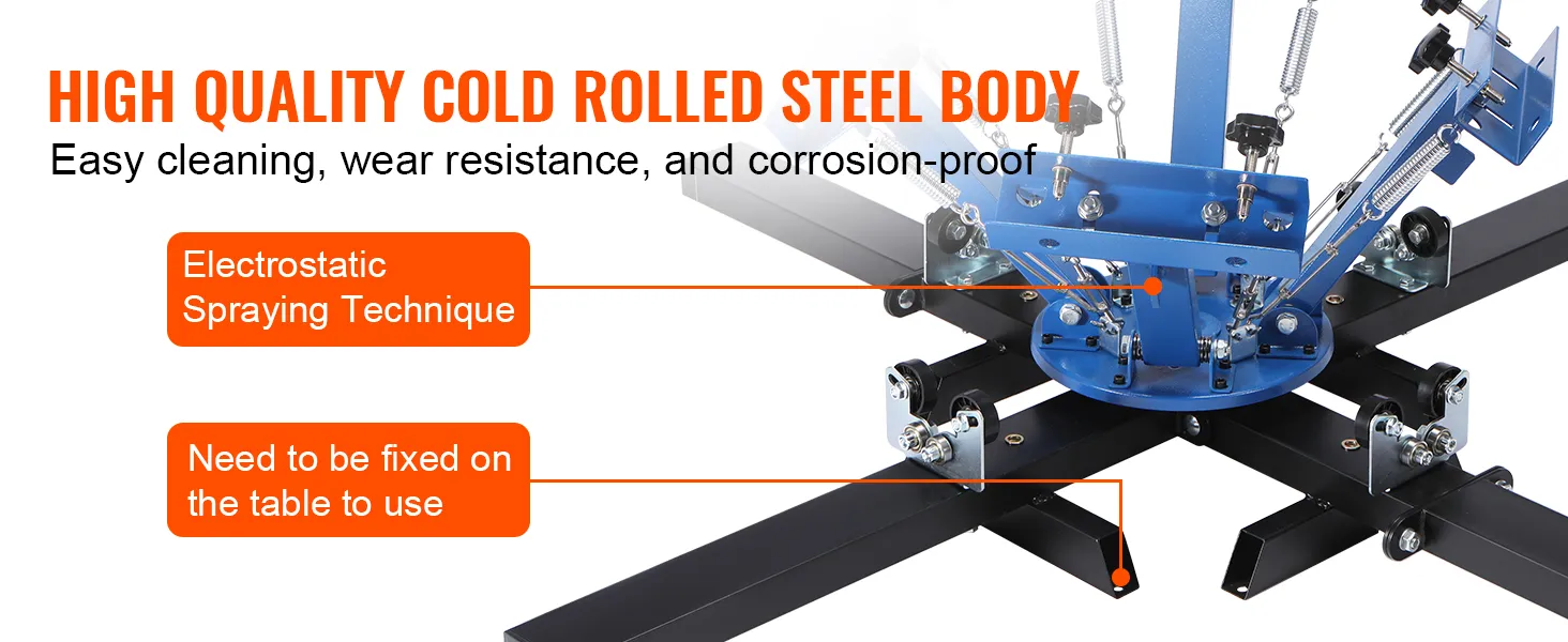 VEVOR screen printing machine featuring high-quality cold-rolled steel body, electrostatic spraying, and easy table fixation.