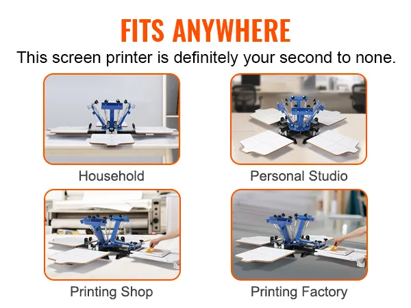 VEVOR screen printing machine for household, personal studio, printing shop, and printing factory.