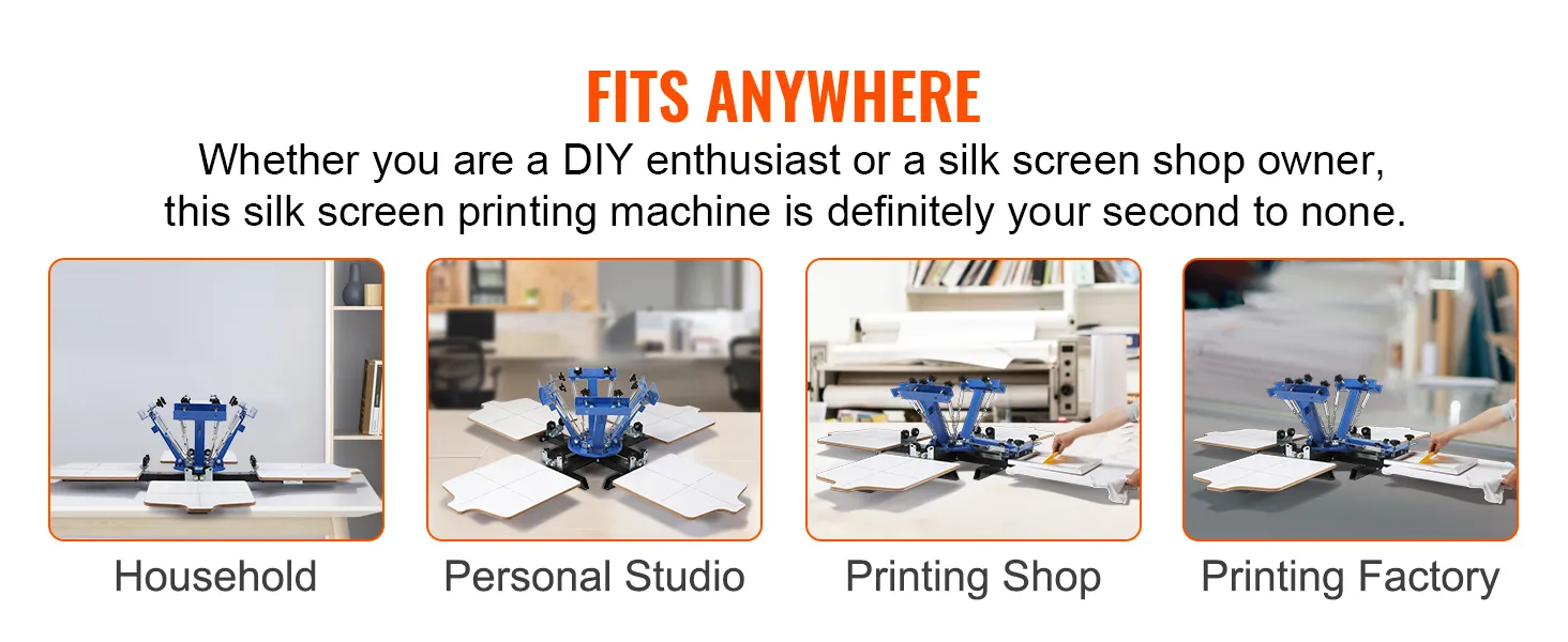 VEVOR screen printing machine for household, personal studio, printing shop, and printing factory.