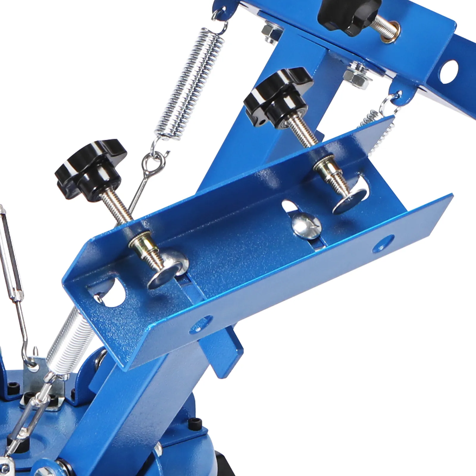 Primer plano de la máquina de serigrafía VEVOR, que muestra el marco de metal azul, los resortes y las perillas de ajuste.