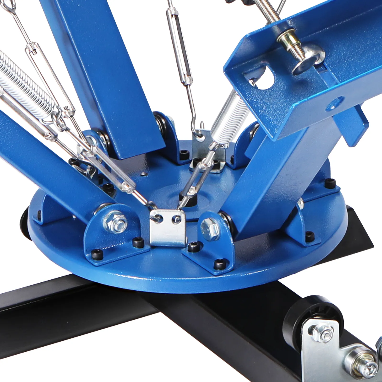 Primer plano de una máquina de serigrafía VEVOR con marco de metal azul, resortes y pernos.