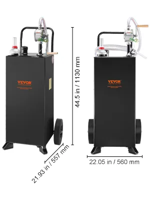 VEVOR fuel caddy with pump, hose, and red wheels; dimensions 37.8 in/96 cm height, 20.9 in/53 cm width.