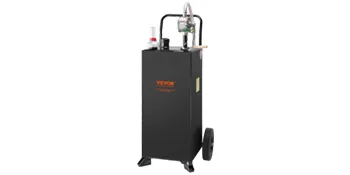 black VEVOR fuel caddy with red wheels, hand pump, hose, and sturdy metal handle.