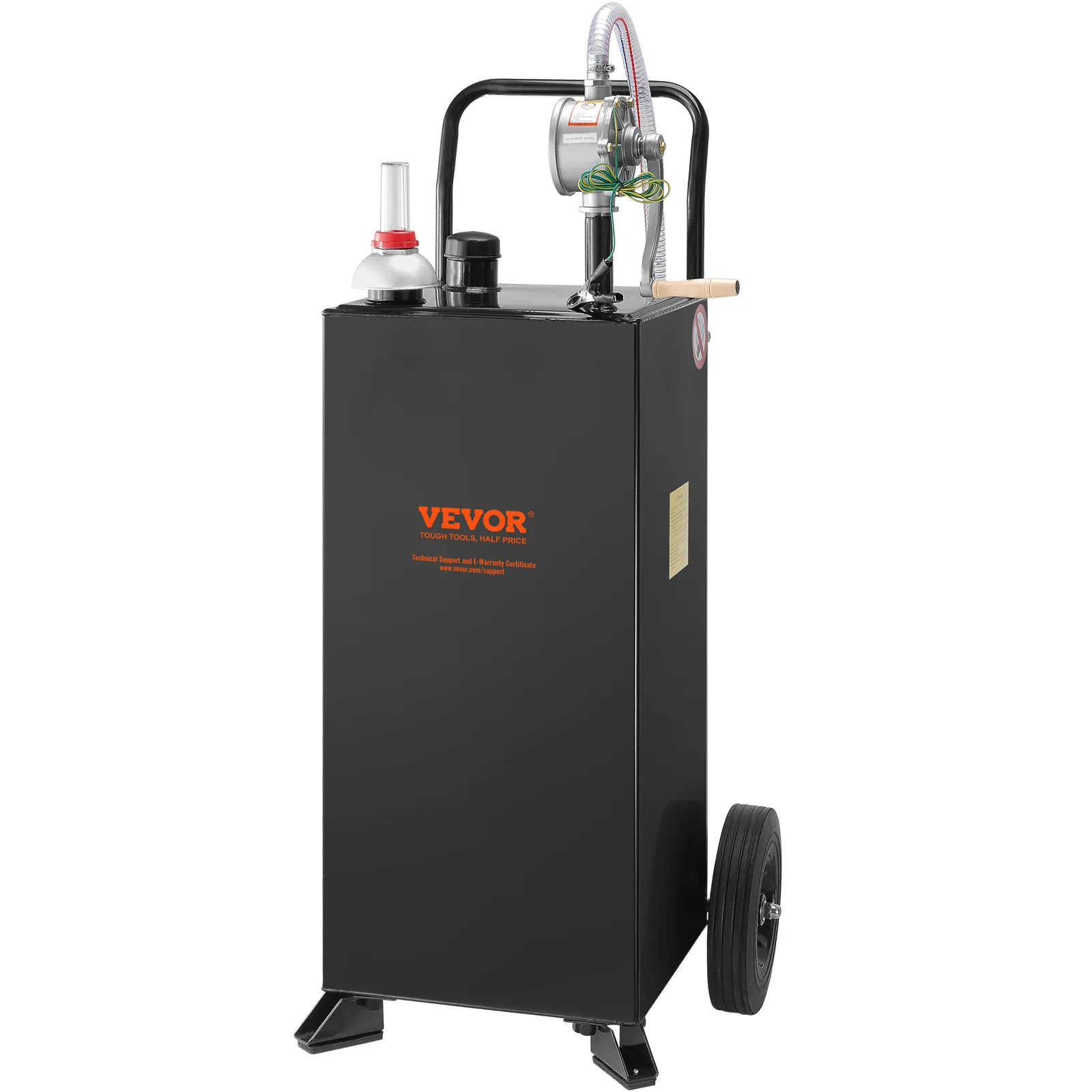 Carrito de combustible VEVOR con bomba, ruedas y manguera, diseñado para facilitar el transporte y almacenamiento de combustible.