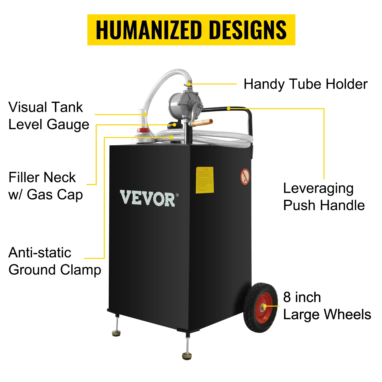 VEVOR fuel caddy with visual tank level gauge, handy tube holder, leveraging push handle, and large wheels.