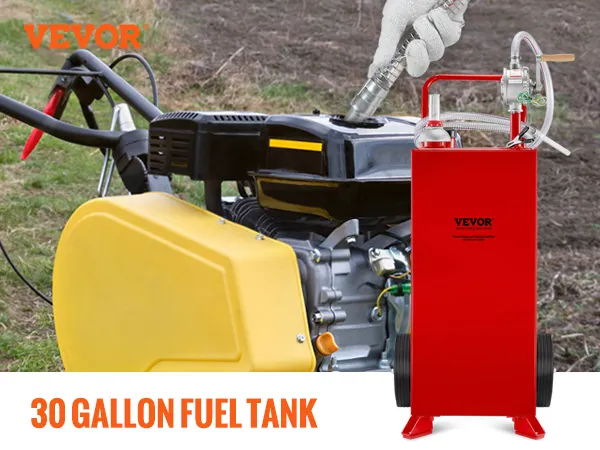 Carrito de combustible VEVOR en uso en un muelle junto al lago, reabasteciendo un bote con una bomba manual desde un tanque de 30 galones.