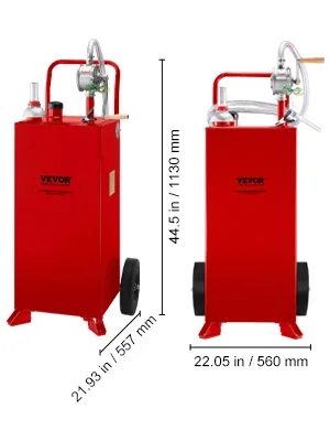 Contenedor de combustible VEVOR en color rojo, 20,9 x 20,9 x 37,8 pulgadas, con ruedas y manguera, en posición vertical.