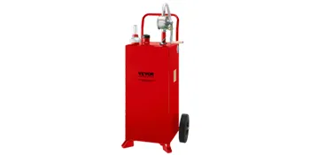 Contenedor de combustible VEVOR rojo con ruedas y manguera adjunta, adecuado para el transporte y almacenamiento de combustible.