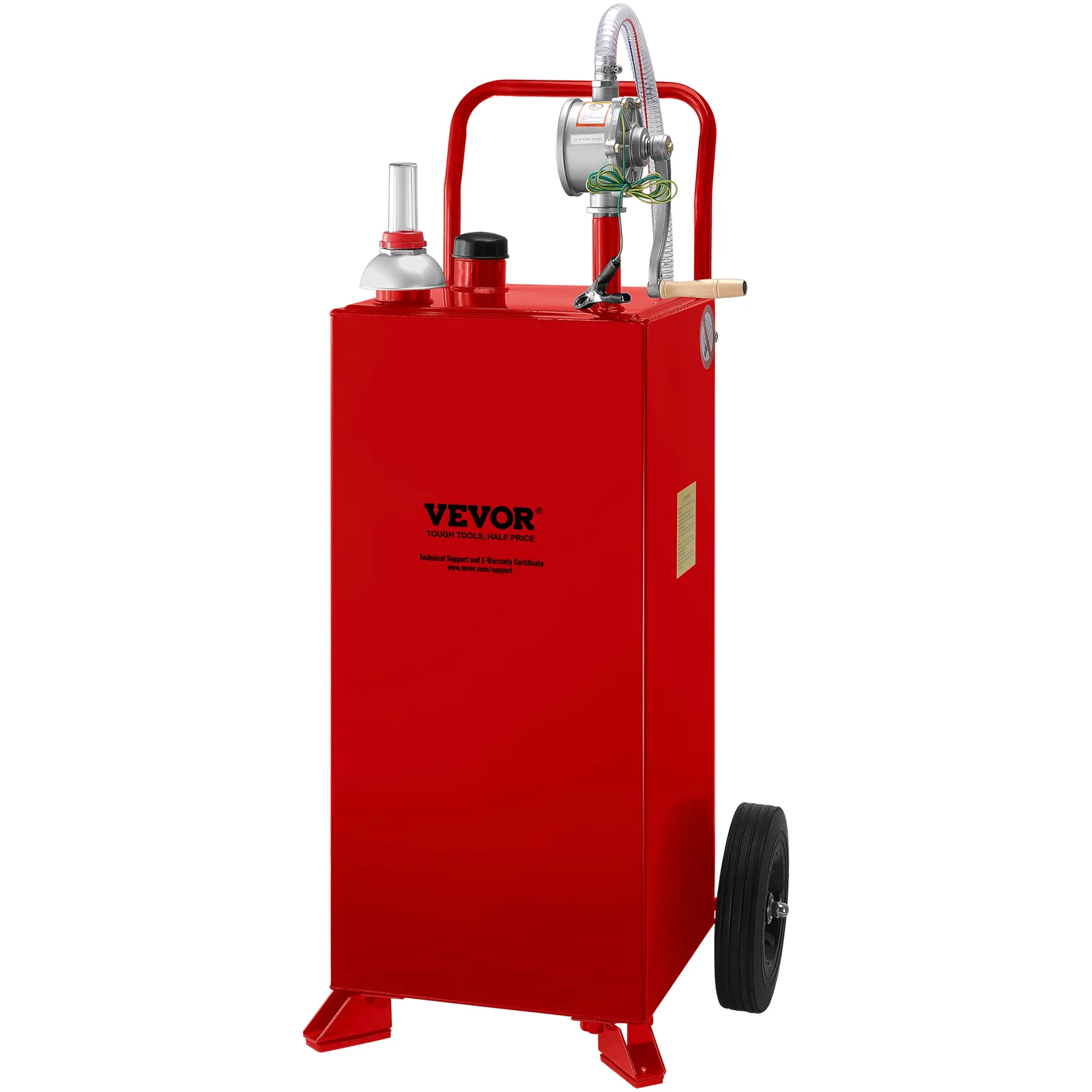 Carrito de combustible VEVOR rojo con base con ruedas, bomba de combustible y tubos en la parte superior.