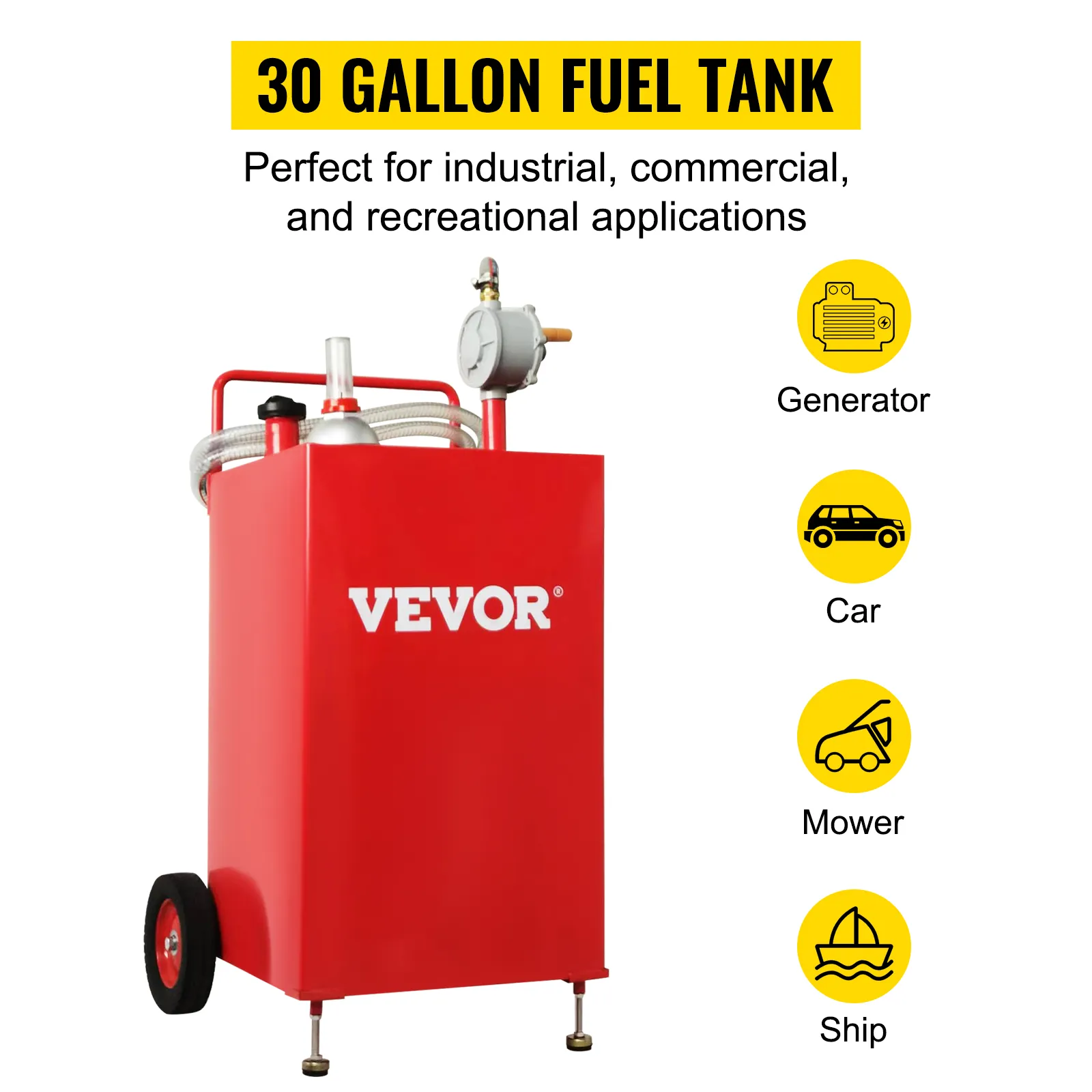 Carrito de combustible VEVOR, tanque rojo de 30 galones con carrete de manguera, ideal para generadores, automóviles, cortadoras de césped y barcos.