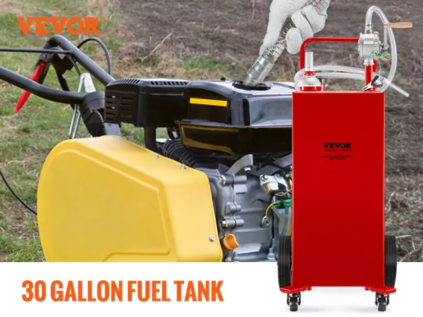 VEVOR fuel caddy in use, 30-gallon tank, manual pump, 4 widen wheels, 201 stainless steel, boat fueling.