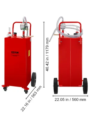 Carrito de combustible VEVOR rojo con ruedas, manguera y bomba; dimensiones 20,9 pulgadas x 20,9 pulgadas x 37,8 pulgadas.