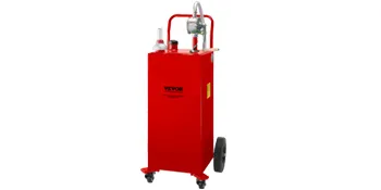 Carrito de combustible VEVOR rojo con ruedas y manguera que resalta el almacenamiento y dispensación de combustible portátil.