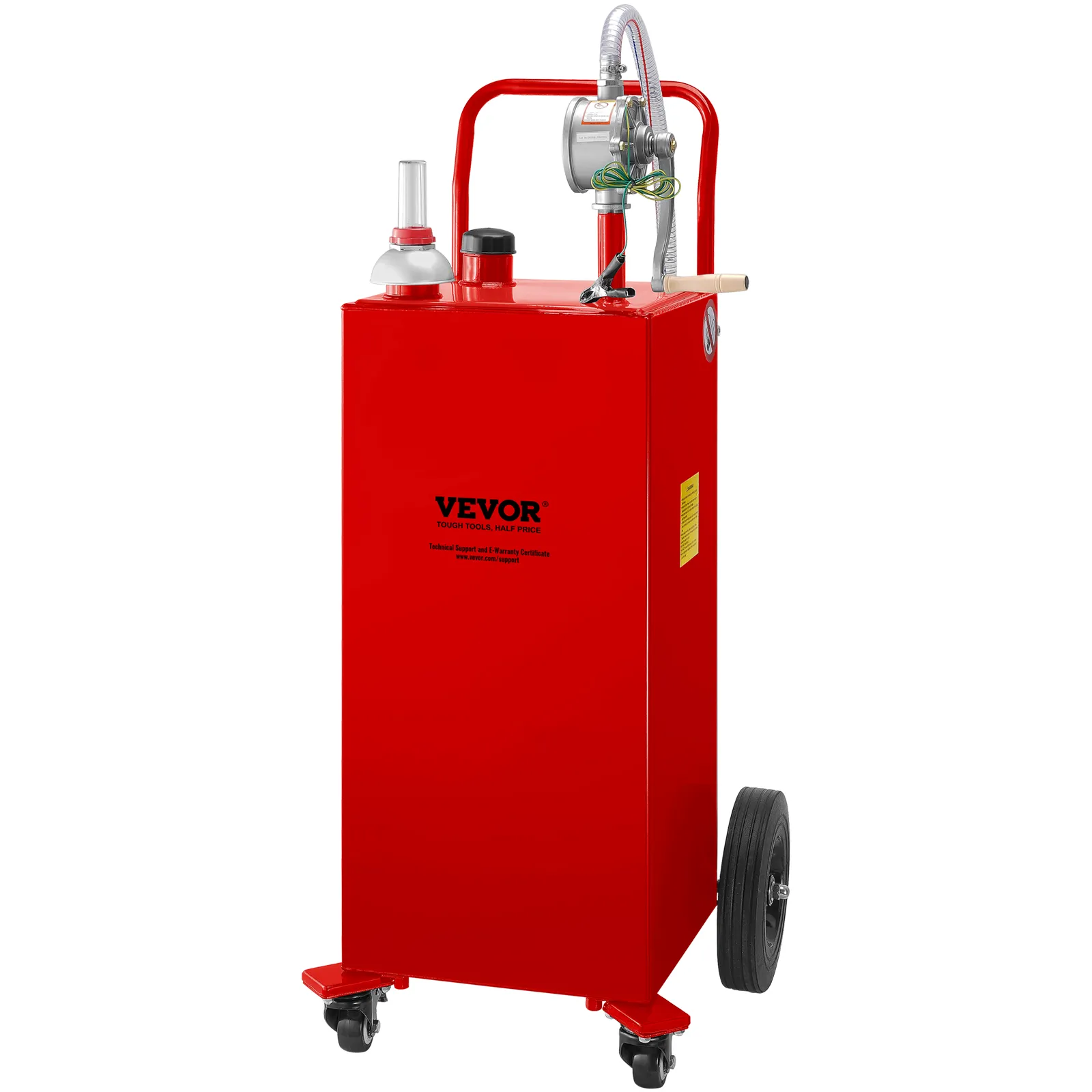 Contenedor de combustible VEVOR rojo con manguera, bomba y ruedas en un lado para facilitar la movilidad y la transferencia de combustible.