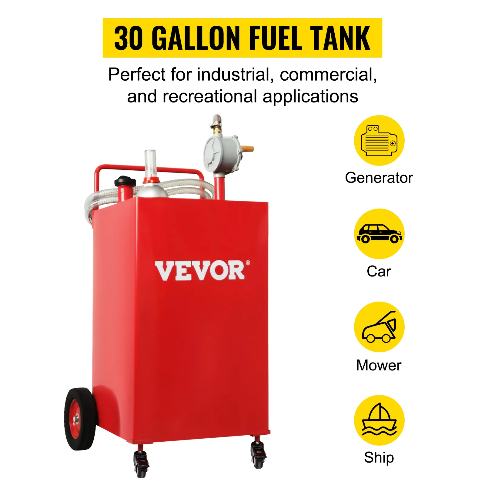 Tanque de combustible VEVOR de 30 galones, color rojo, con manguera y bomba para generador, automóvil, cortadora de césped y barco.