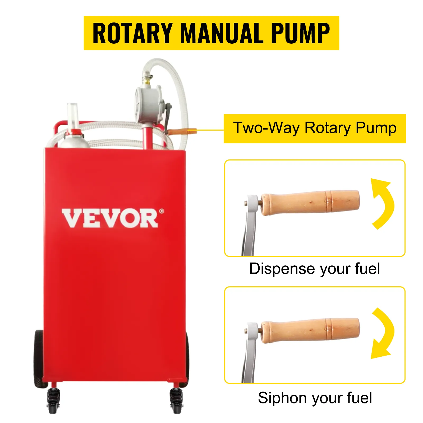 Cartucho de combustible VEVOR con bomba manual rotativa de dos vías, contenedor rojo, mango de madera para dispensar y sifonar combustible.