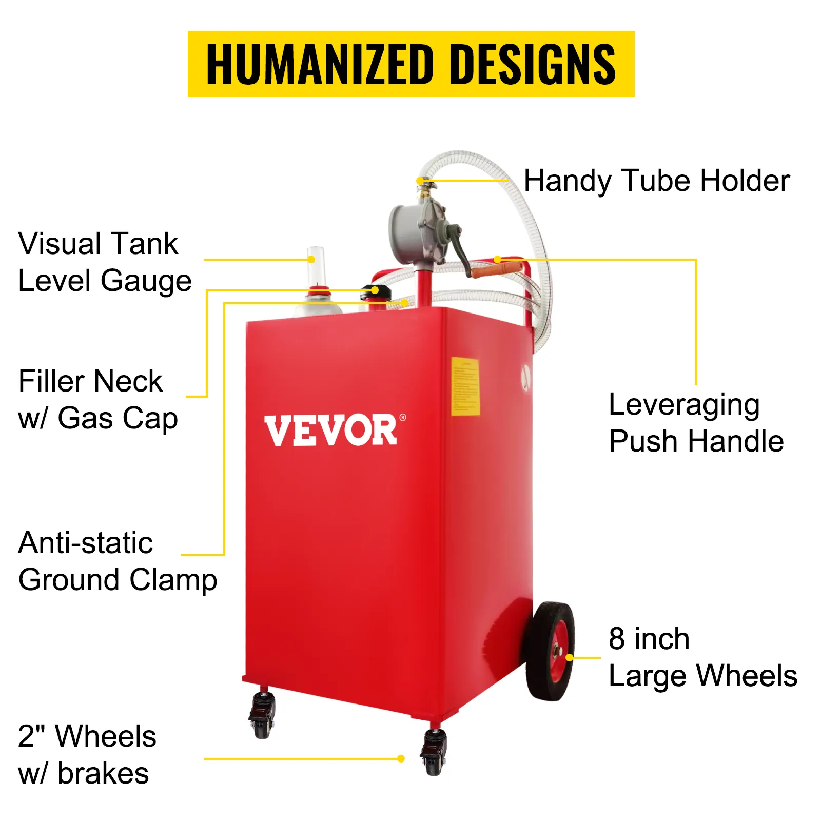 Carrito de combustible VEVOR con indicador visual del nivel del tanque, boca de llenado, práctico soporte de tubo y abrazadera antiestática.