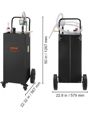 VEVOR-Kraftstoffbehälter mit Pumpe, Schlauch, roten Rädern und den Abmessungen 106 cm Höhe und 53 cm Breite.