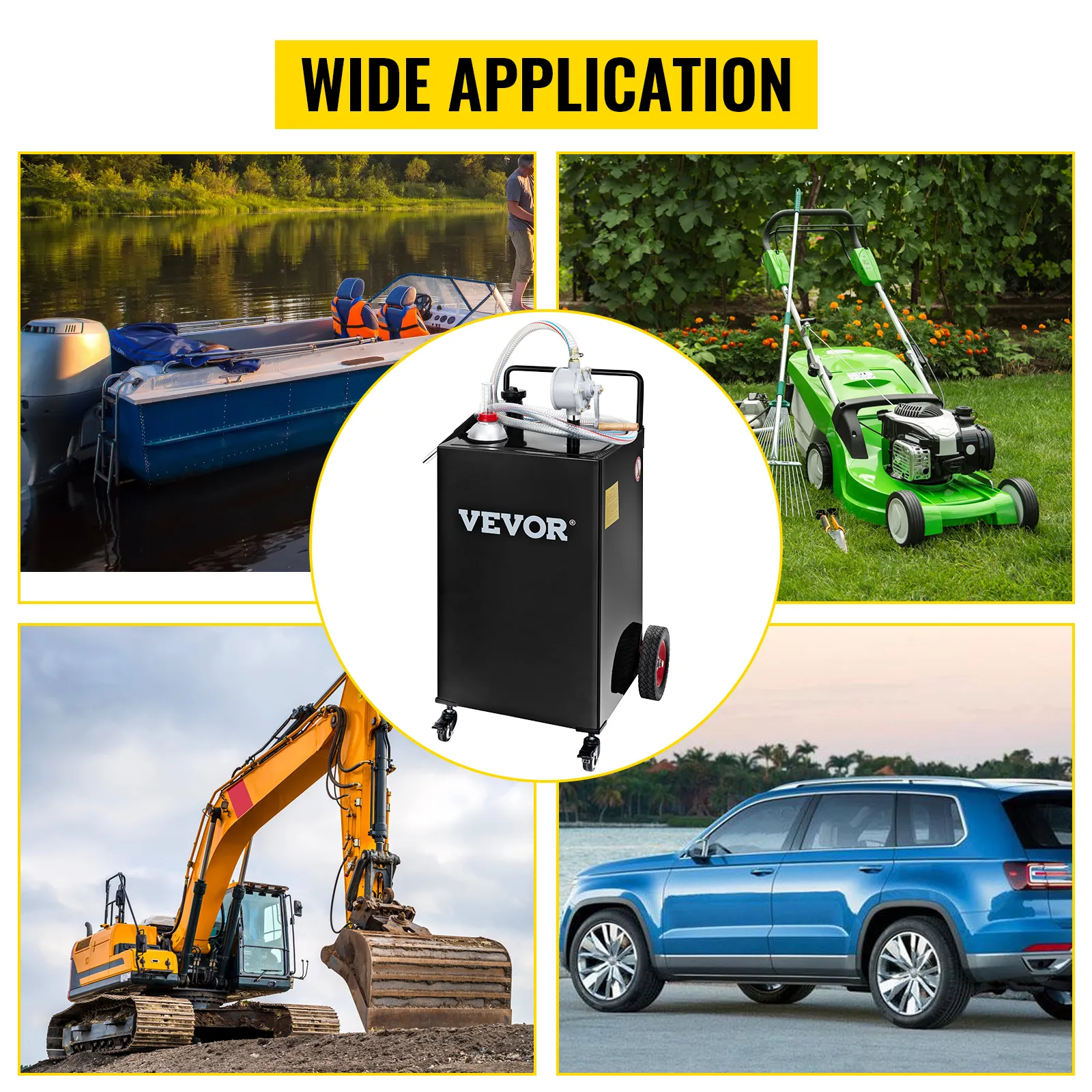 VEVOR-Kraftstoffbehälter mit Anwendungsbeispielen für Boote, Rasenmäher, Bagger und Geländewagen. Breite Anwendung.