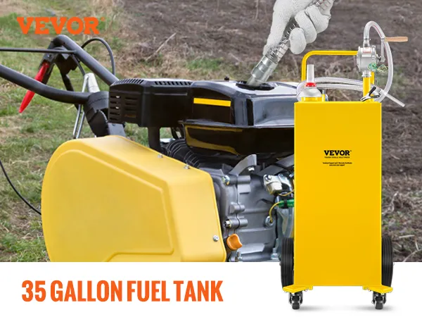 VEVOR fuel caddy 35-gallon manual pump in use by a lake with boat in the background.