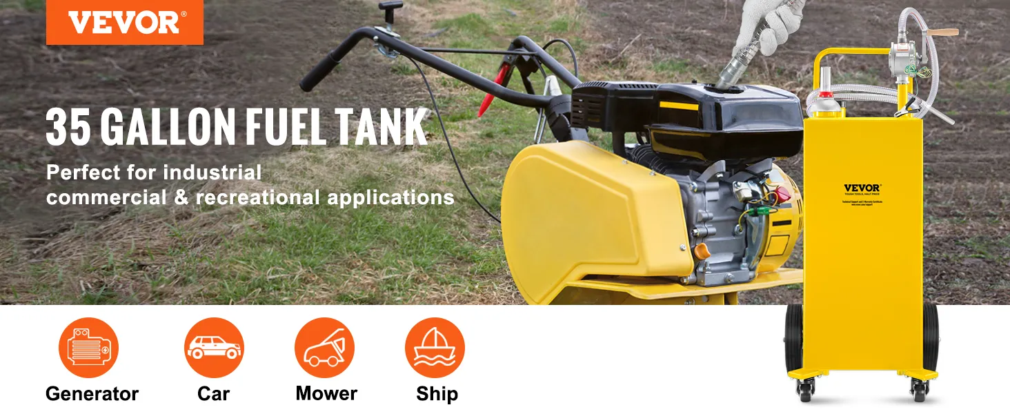 VEVOR fuel caddy 35-gallon manual pump in use by a lake with boat in the background.