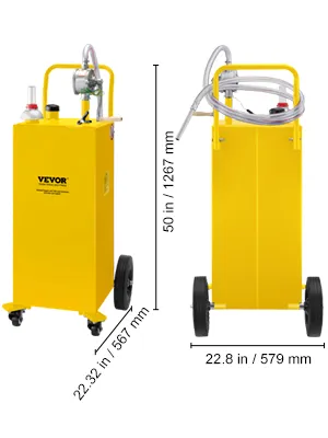 yellow VEVOR fuel caddy with wheels, pump, and hose, measuring 41.7 x 20.9 inches.