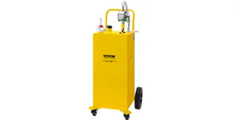 yellow VEVOR fuel caddy with pump, hose, and wheels for easy transportation.