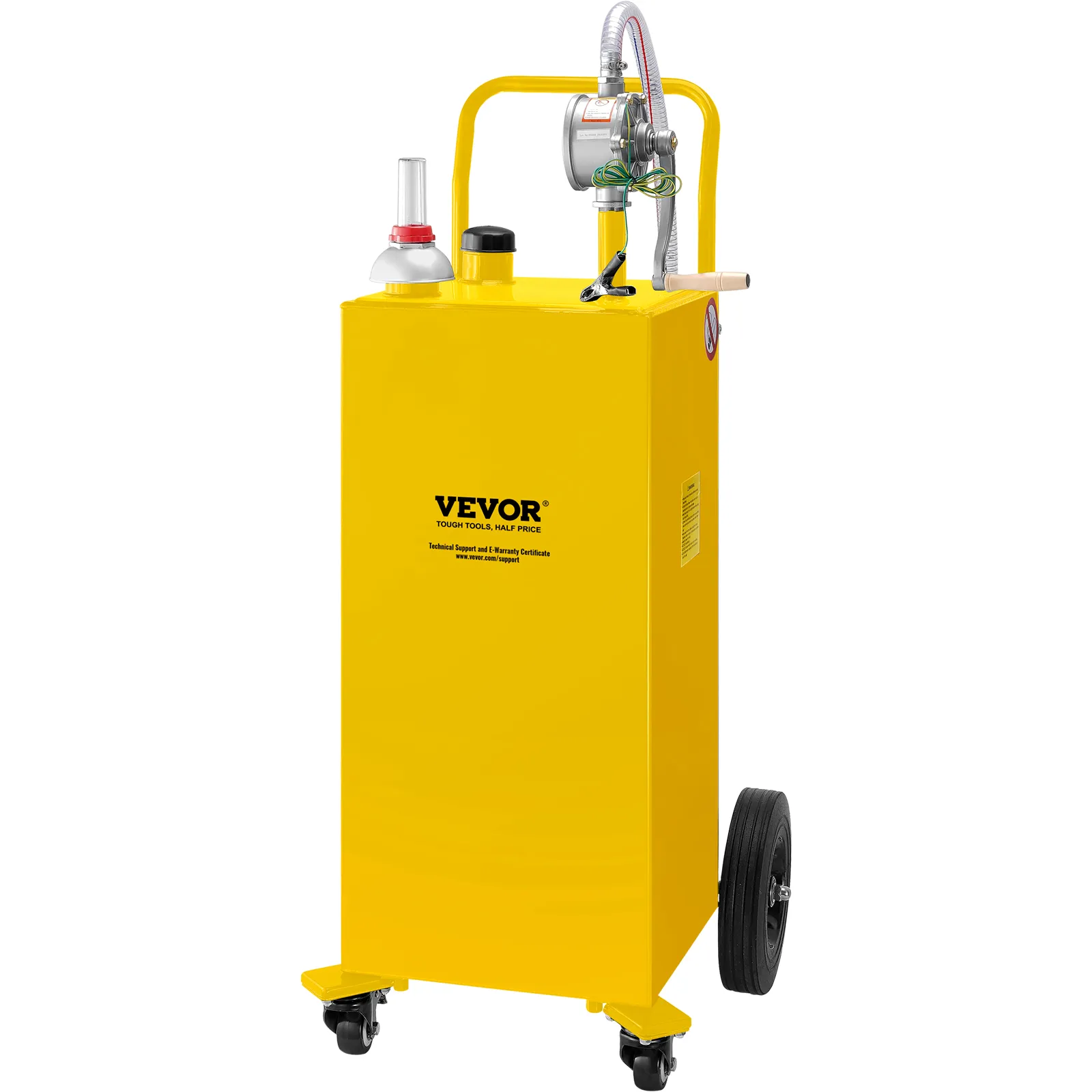 bright yellow VEVOR fuel caddy with pump and wheels for portable fuel storage solution.
