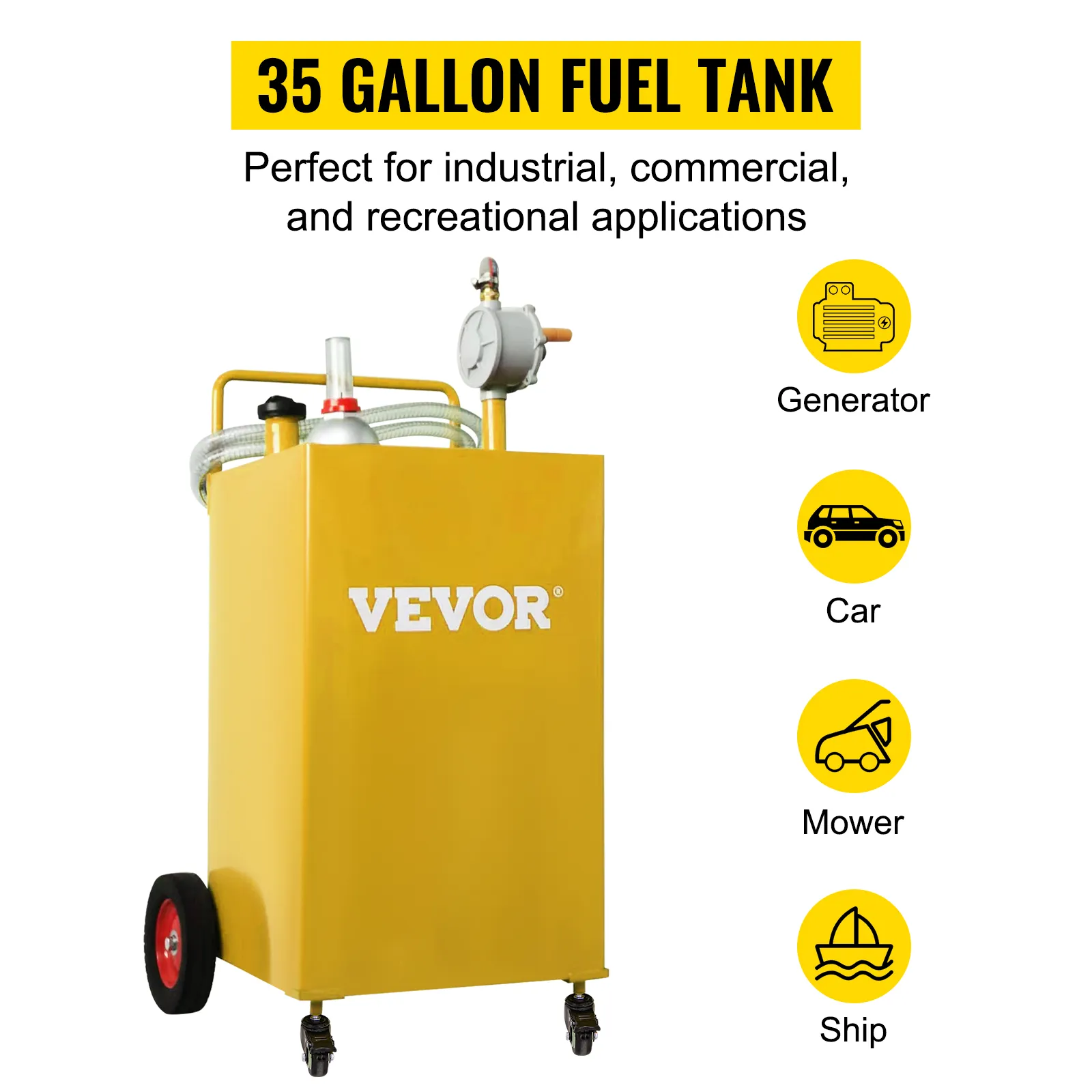 VEVOR fuel caddy 35-gallon tank for generator, car, mower, and ship. ideal for various applications.