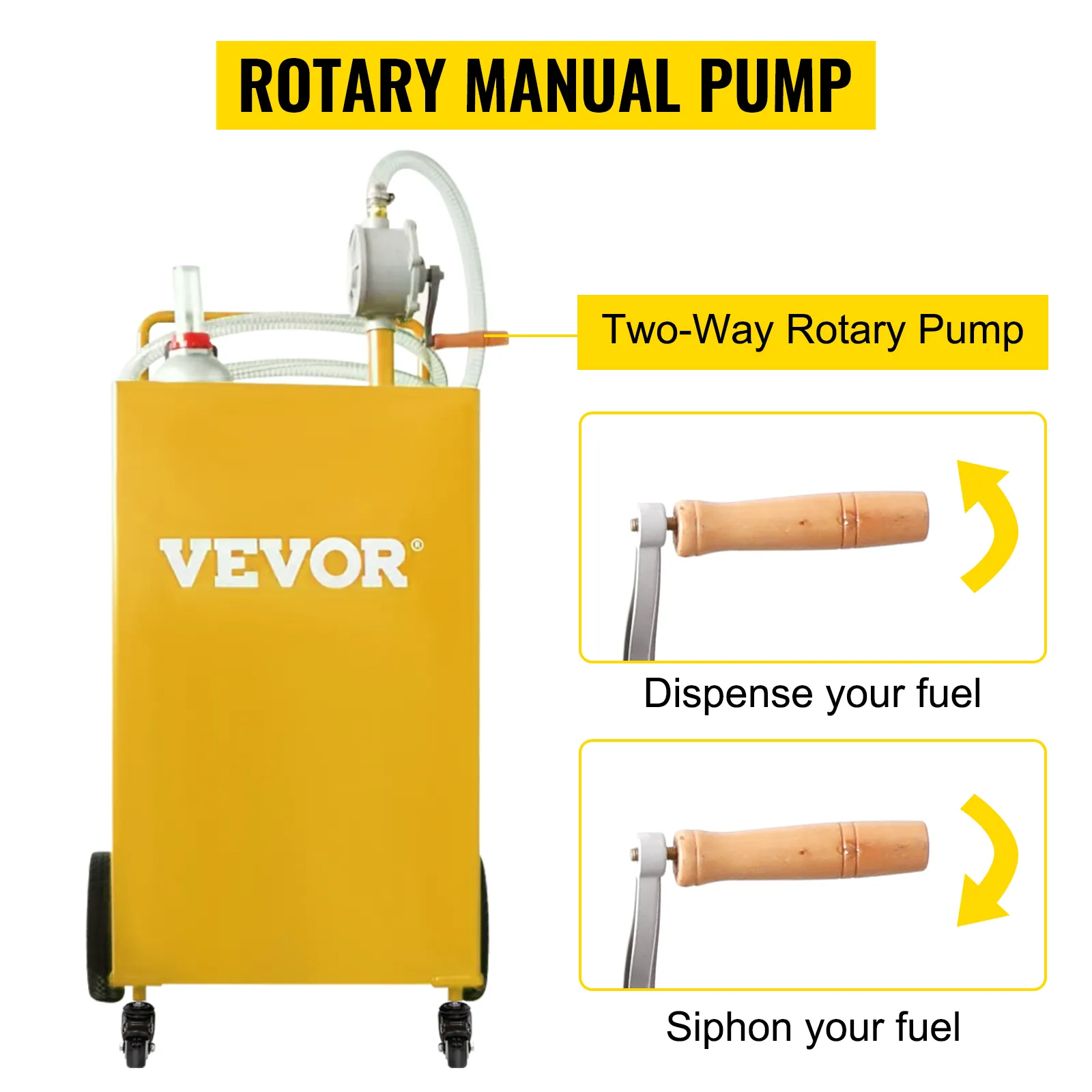 VEVOR fuel caddy with two-way rotary manual pump and dispensing options for fuel transfer.