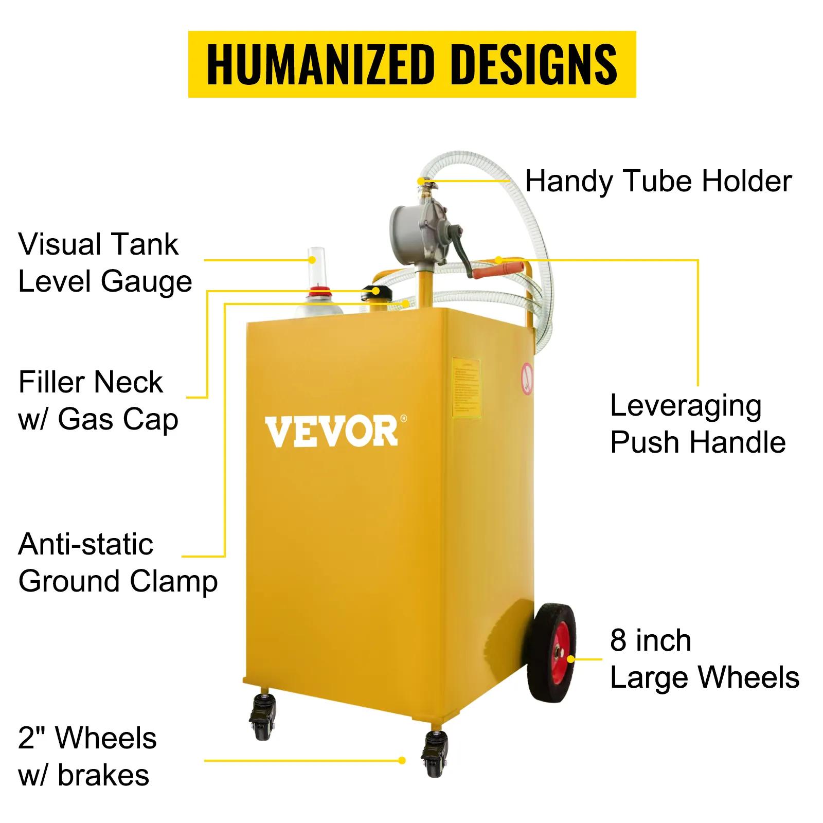 yellow VEVOR fuel caddy with visual tank gauge, filler neck, anti-static clamp, and large wheels.