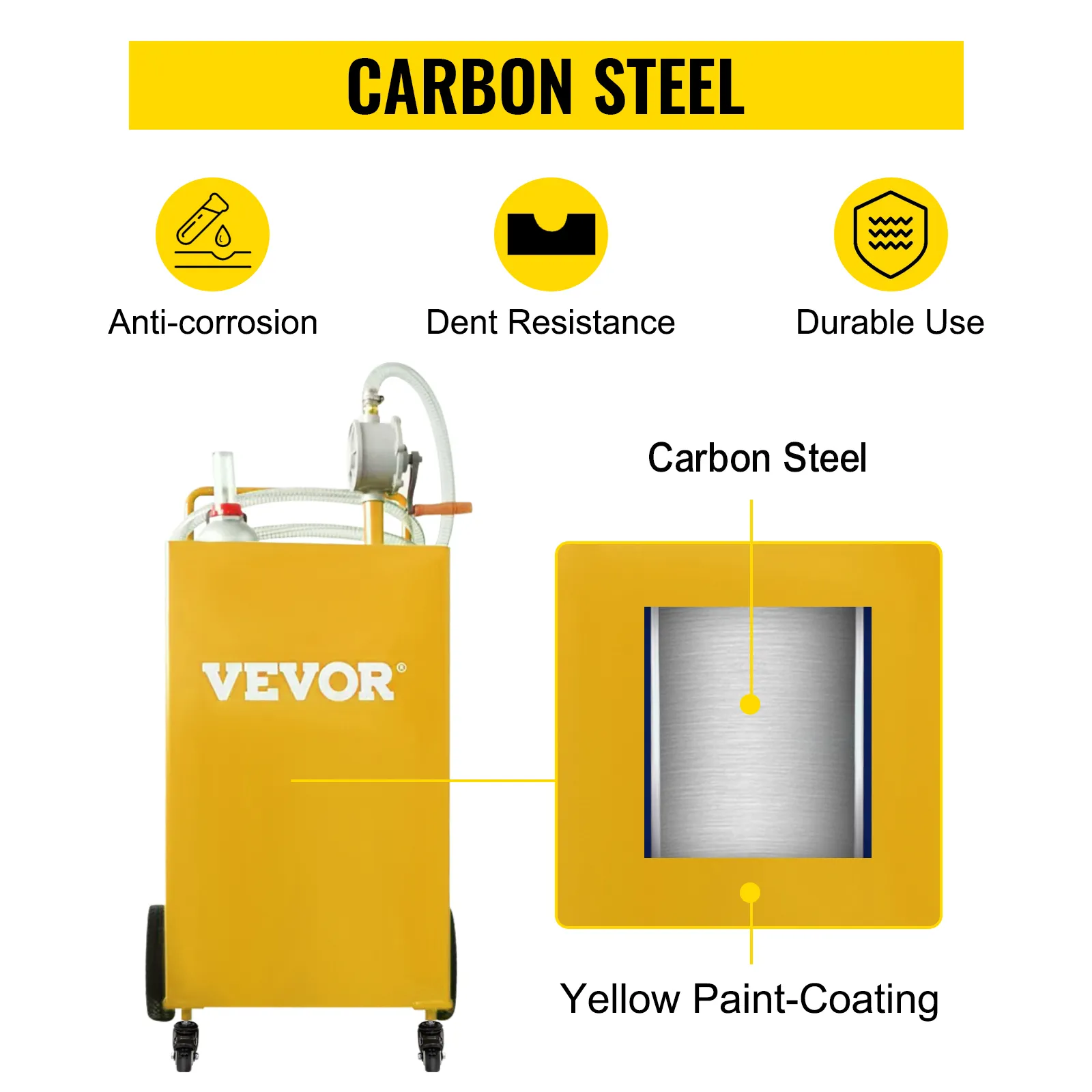 VEVOR fuel caddy made from robust 201 stainless steel with anti-corrosion, dent resistance, and yellow coating.