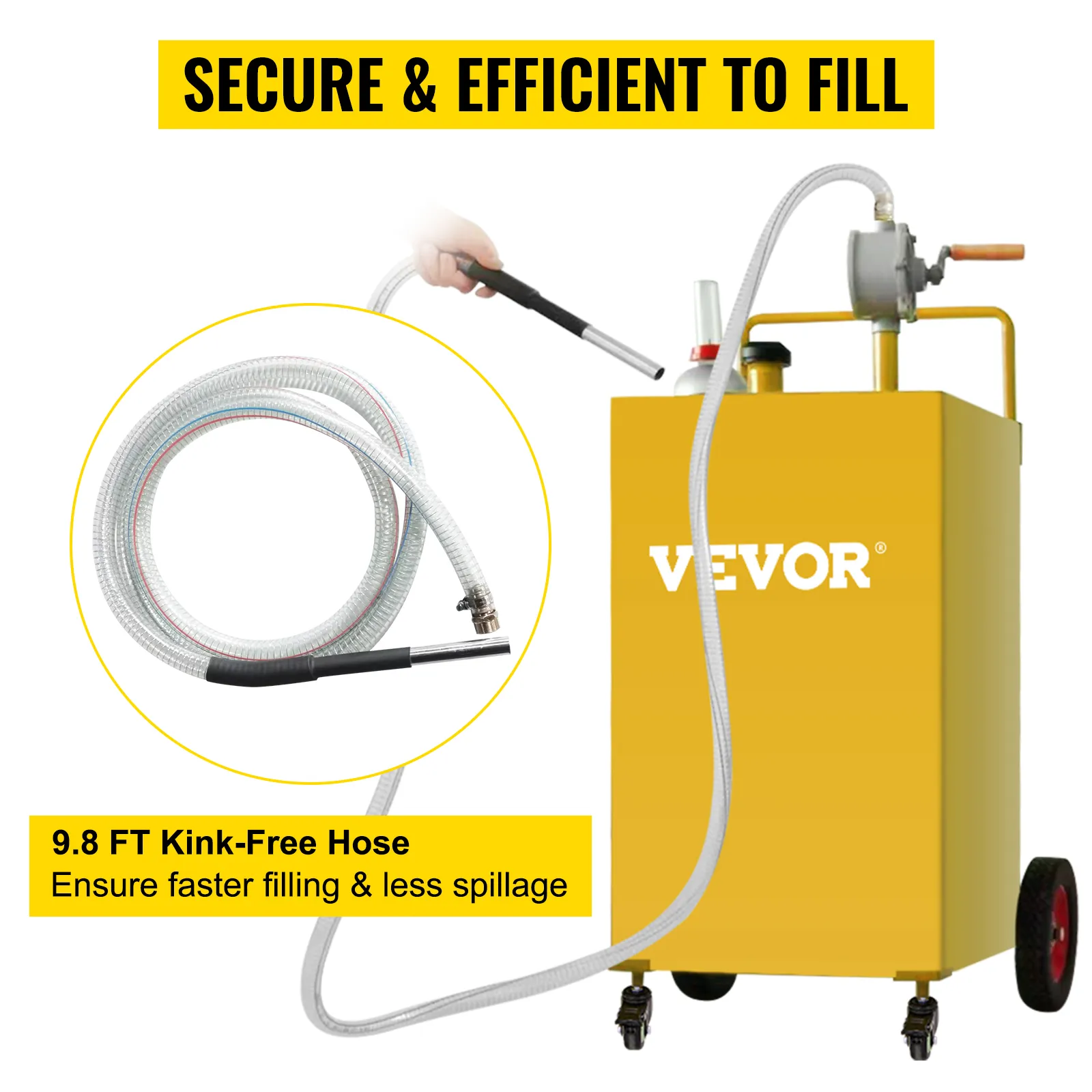 VEVOR fuel caddy with 9.8 ft kink-free hose ensures secure and efficient filling, reducing spillage.