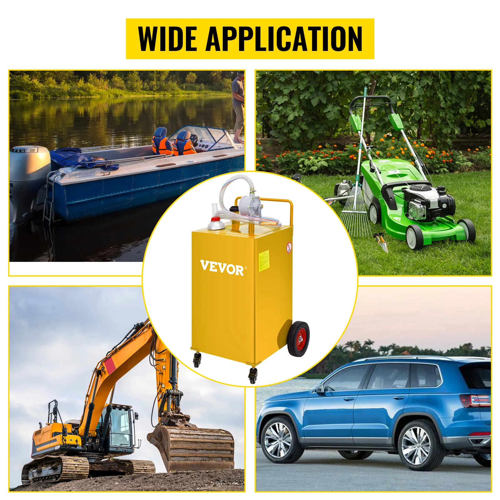 wide application of the VEVOR fuel caddy for boats, lawn mowers, excavators, and cars.